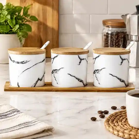 Marble Ceramic Condiment Jars Set-3 Piece - White