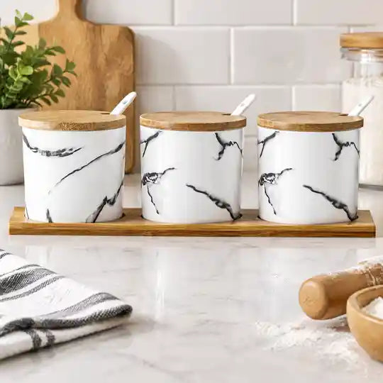 Marble Ceramic Condiment Jars Set-3 Piece - White